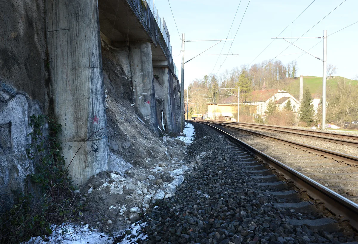 Kleiner Schuttkegel neben einem Bahngleis.